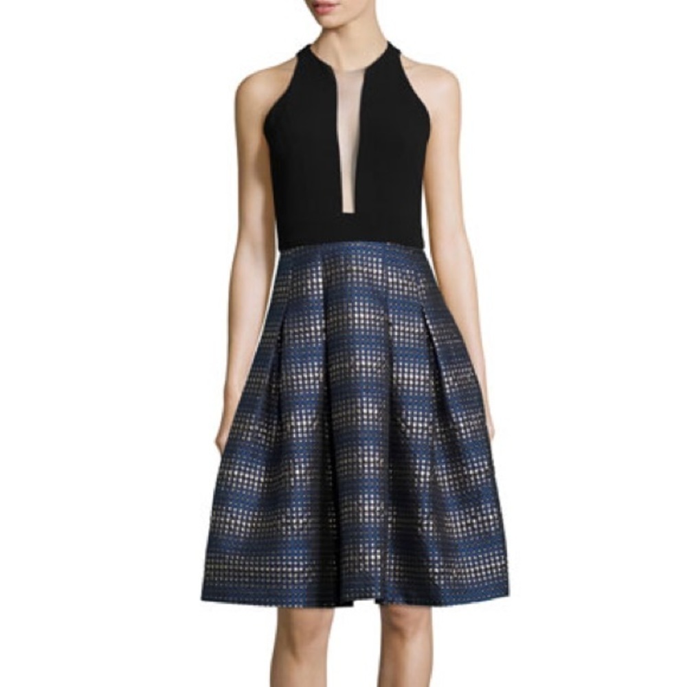 Carmen Marc Valvo Sleeveless Illusion V Neck Fit Flare Dress Metallic Sparkle 6